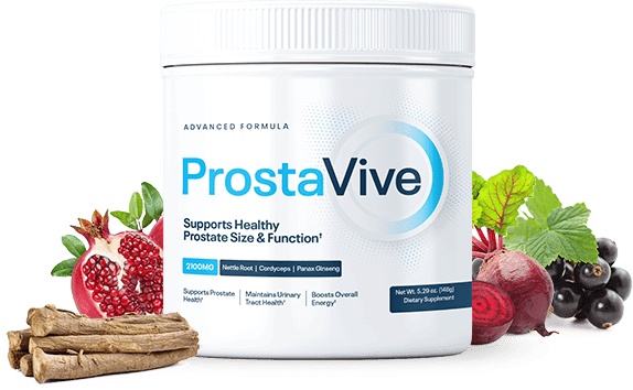 Close illustrative view of a Prostavive supplement container and plant ingredients
